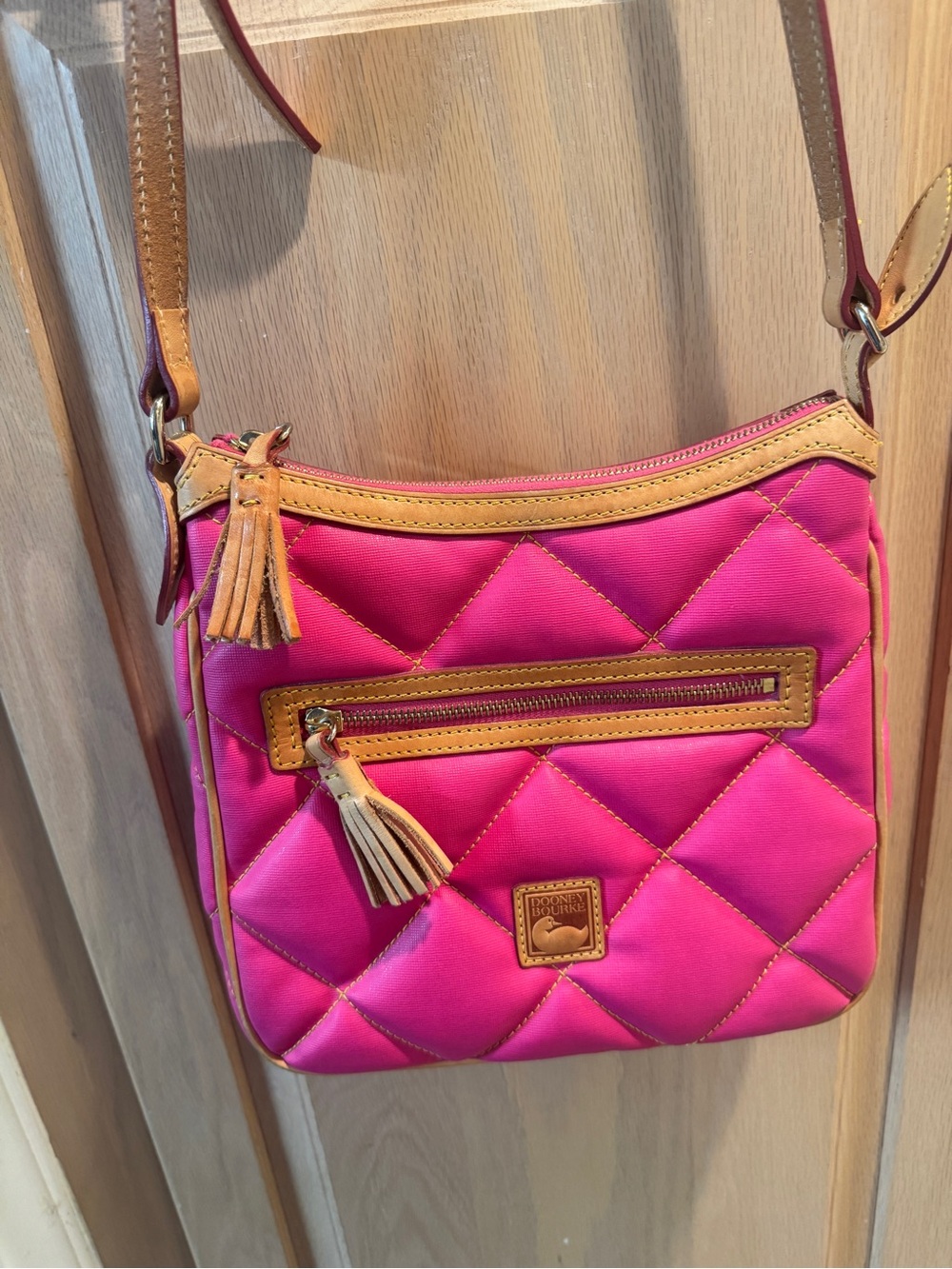 Dooney & Bourke Pink Quilted Crossbody Bag with Tan Trim